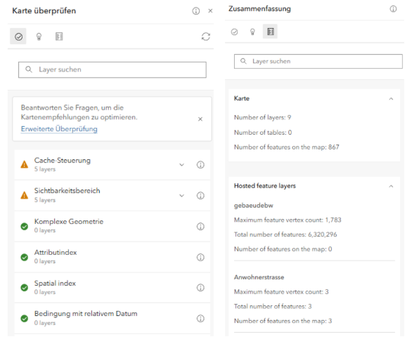 Screenshot der ArcGIS-Oberfläche zur Überprüfung einer Karte: Links wird ein Panel „Karte überprüfen“ mit verschiedenen Prüfoptionen wie Cache-Steuerung, Sichtbarkeitsbereich und Attributindex angezeigt. Rechts zeigt ein Bereich „Zusammenfassung“ Informationen zur Karte, darunter Anzahl der Layer, Tabellen und Features sowie Details zu gehosteten Feature-Layern.