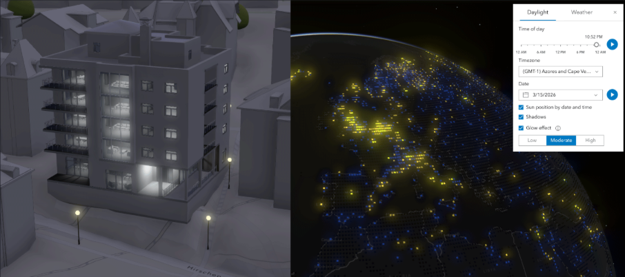Geteilter Screenshot aus einer 3D‑GIS-Anwendung: Links eine graue 3D‑Stadtansicht mit beleuchtetem Gebäude bei Nacht, rechts eine globale Visualisierung mit leuchtenden Datenpunkten auf der Erdkugel. Ein Einstellungsfenster zeigt Optionen für Tageszeit, Datum sowie Licht- und Schatteneffekte.