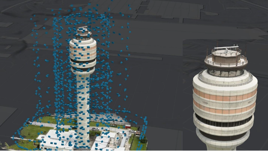 Flugmuster und 3D-Visualisierung eines Flugverkehrskontrollturms unter Verwendung eines&nbsp;Gaussian-Splatting-Layers.&nbsp;