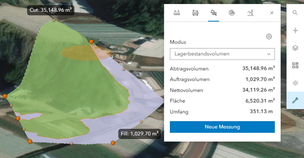 Screenshot einer 3D‑GIS-Anwendung zur Volumenberechnung: Eine farbig hervorgehobene Fläche zeigt Abtrags- und Auftragsbereiche in einem Geländemodell. Ein eingeblendetes Dialogfenster enthält Messwerte wie Abtragsvolumen (35.148,96 m³), Auftragsvolumen (1.029,70 m³), Nettovolumen, Fläche und Umfang.