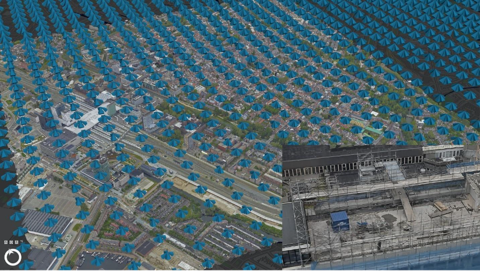 Flugmuster und 3D-Visualisierung von Utrecht unter Verwendung eines&nbsp;Gaussian-Splatting-Layers.&nbsp;