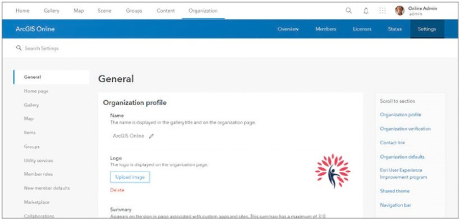 Benutzeroberfläche von ArcGIS Online mit den allgemeinen Organisationseinstellungen und dem Bereich für das Organisationsprofil.