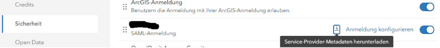 Screenshot der Sicherheitseinstellungen mit aktivierter ArcGIS- und SAML-Anmeldung sowie der Option zur Konfiguration der Anmeldung.