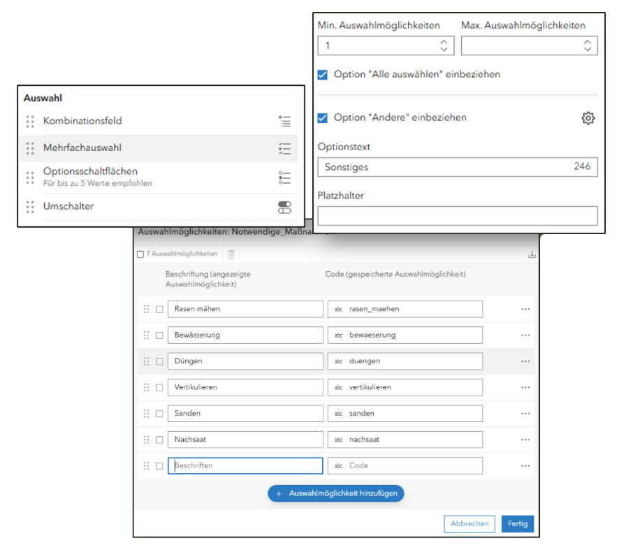 Screenshot der Konfiguration eines Mehrfachauswahlfelds in ArcGIS Survey123 mit auswählbaren Pflege- und Wartungsmaßnahmen sowie Einstellungen für Mindest- und Maximalauswahl, „Alle auswählen“ und zusätzliche Freitextoptionen.