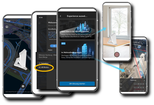 Montage mehrerer Smartphone-Ansichten einer Augmented-Reality-App, die 3D‑Gebäudemodelle auf einer Karte sowie die Platzierung eines virtuellen Modells in einem realen Raum zeigt.