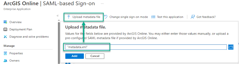 Screenshot der SAML-Konfiguration in Microsoft Entra ID (Azure AD) für ArcGIS Online. Im Dialog „Upload metadata file“ wird eine SAML-Metadatendatei mit der Dateiendung „.xml“ hochgeladen.