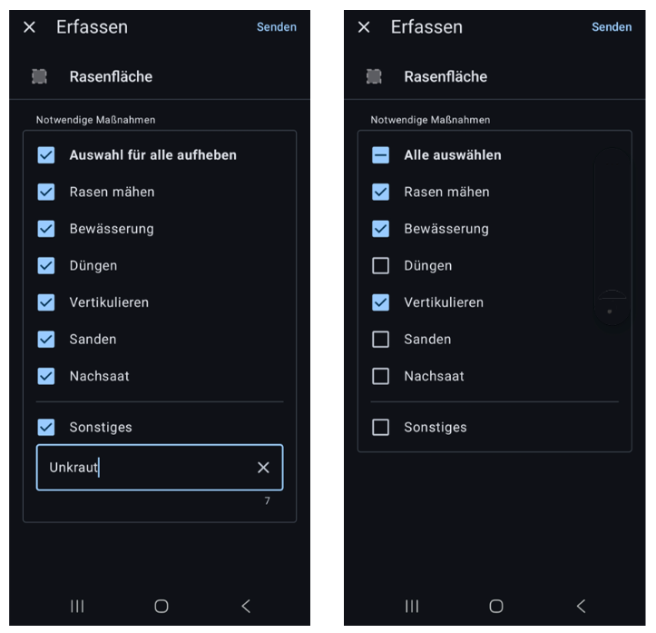 Screenshot eines ArcGIS Survey123-Formulars mit Mehrfachauswahl für notwendige Pflegemaßnahmen einer Rasenfläche. Die Auswahl umfasst Optionen wie Rasen mähen, Bewässerung, Düngen, Vertikutieren, Sanden, Nachsaat sowie ein Freitextfeld für sonstige Maßnahmen.
