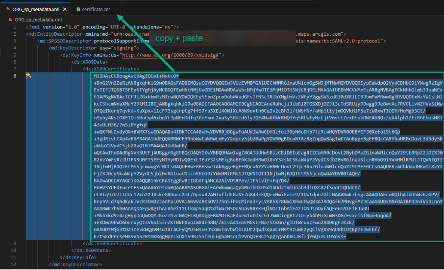 Screenshot einer XML-Metadatendatei in einem Code-Editor. Das Zertifikat aus dem XML-Tag <ds:X509Certificate> ist markiert, um den Zertifikatsinhalt für die SAML-Konfiguration zu kopieren.