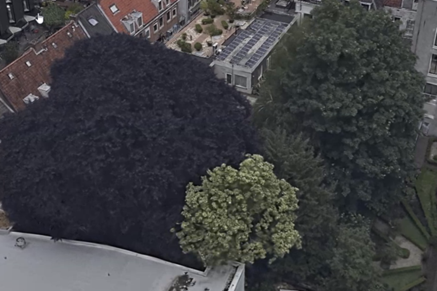 Innenhof in Utrecht, Niederlande, mit verschiedenen Baumarten. Verarbeitet mit ArcGIS Reality Studio. Copyright&nbsp;Kavel&nbsp;10.