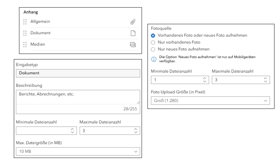 Screenshot der Konfiguration eines Datei- und Foto-Upload-Felds in ArcGIS Survey123. Gezeigt werden Einstellungen für Dokumente und Bilder, Dateianzahl, Dateigröße sowie Optionen zur Aufnahme oder Auswahl von Fotos auf mobilen Geräten.