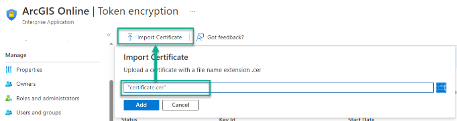 Screenshot der Token-Verschlüsselung für ArcGIS Online in Microsoft Entra ID. Im Dialog „Import Certificate“ wird eine Zertifikatsdatei mit der Endung „.cer“ für die Verschlüsselung von Tokens hochgeladen.