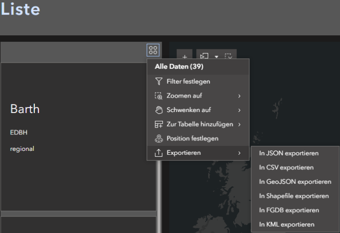 Screenshot einer Kartenanwendung mit geöffnetem Kontextmenü „Alle Daten (39)“. Im Untermenü „Exportieren“ werden Exportoptionen wie JSON, CSV, GeoJSON, Shapefile, FGDB und KML angezeigt. Links ist ein Datensatz mit dem Namen „Barth“ und den Angaben „EDBH“ sowie „regional“ sichtbar.