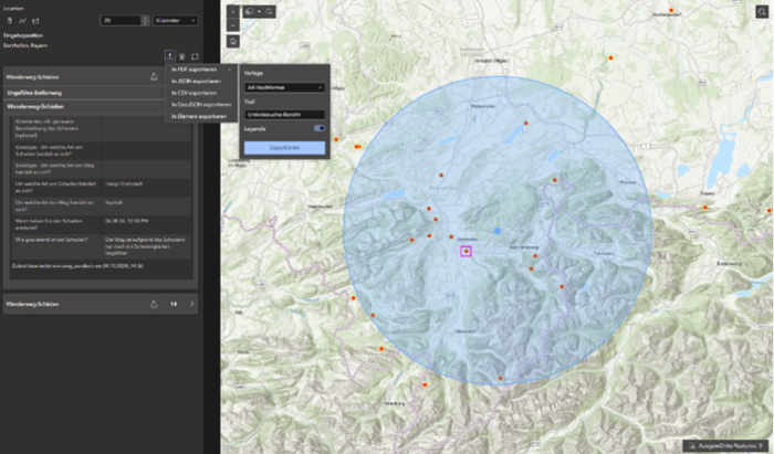 Screenshot einer GIS-Kartenanwendung mit einer Wetterwarnung. Auf der Karte ist ein großer, halbtransparenter blauer Kreis um einen ausgewählten Standort dargestellt. Links befindet sich ein Bereich mit Details zur Wetterwarnung sowie Exportoptionen für PDF, JSON, CSV, GeoJSON und Shapefile.