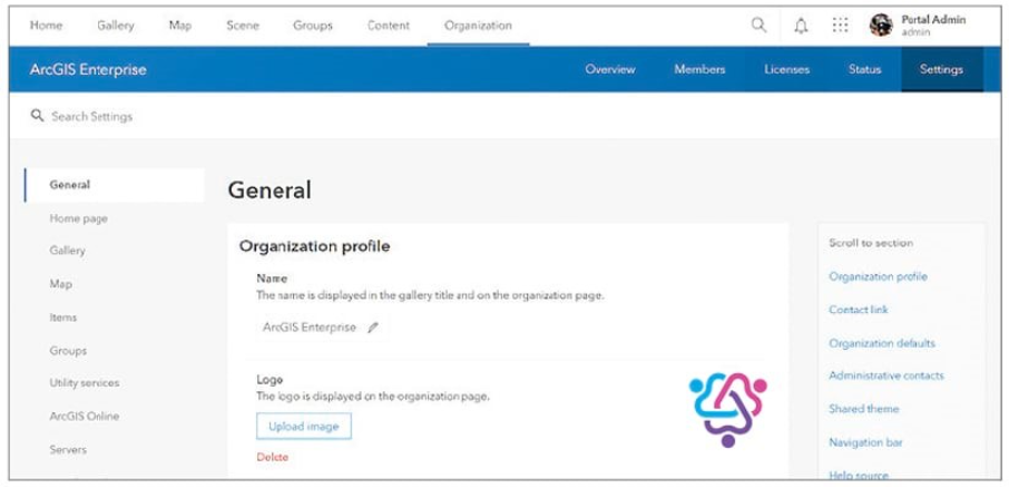 Benutzeroberfläche von ArcGIS Enterprise mit den allgemeinen Organisationseinstellungen und dem Bereich für das Organisationsprofil.