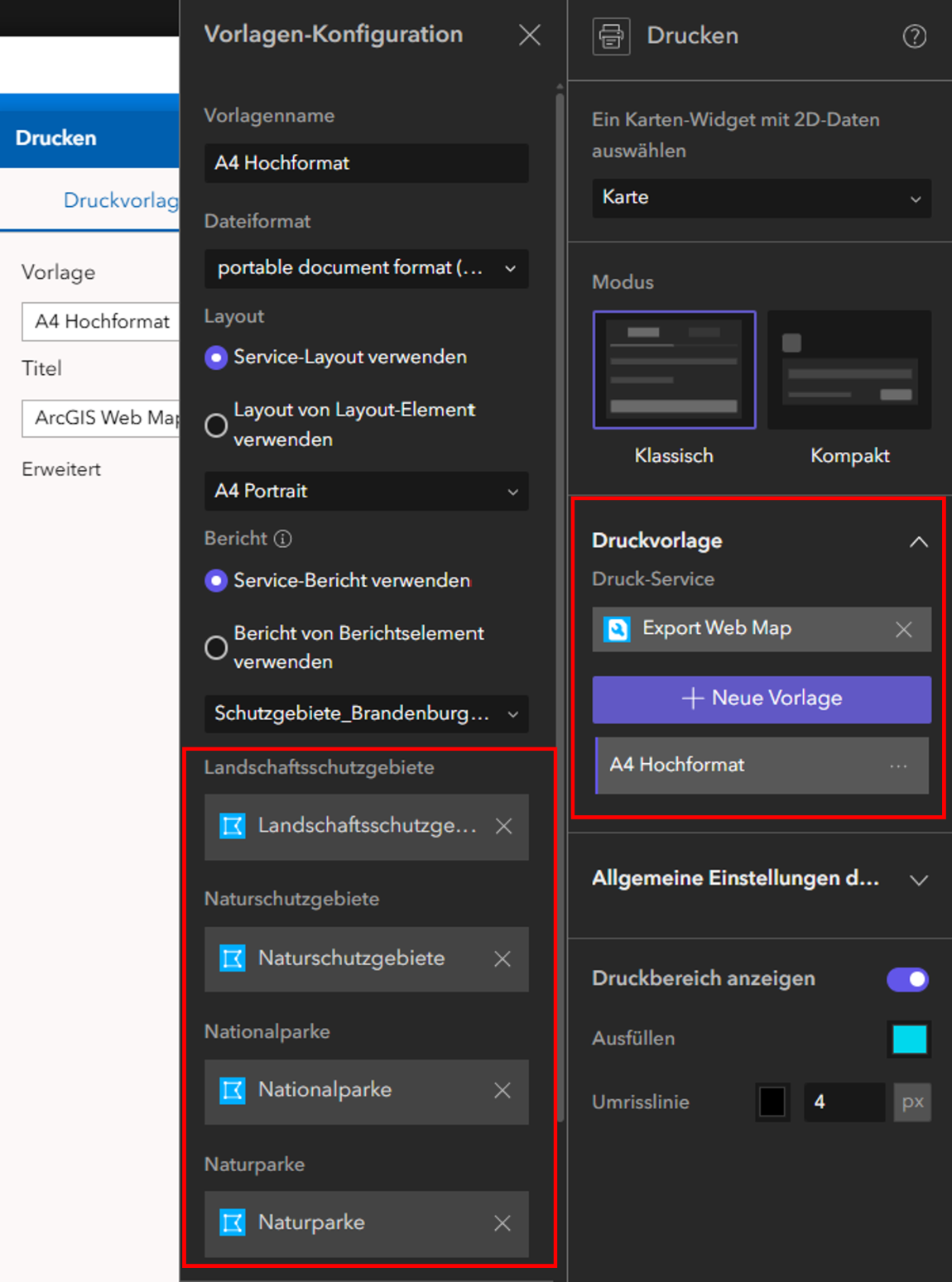 Konfiguration einer Druckvorlage im ArcGIS Experience Builder. Der Druckservice ist mit mehreren Layern für Landschaftsschutzgebiete, Naturschutzgebiete, Nationalparke und Naturparke verknüpft und für den PDF-Export im A4-Hochformat eingerichtet.