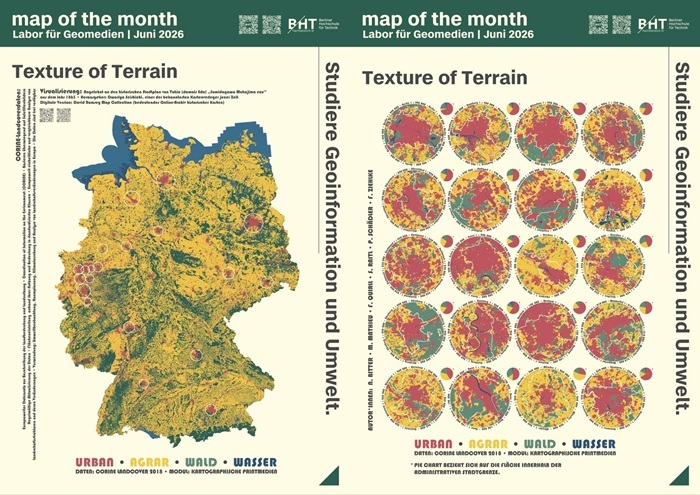 Zwei Poster der Reihe ‚Map of the Month‘ des Labors für Geomedien (Juni 2026) zum Thema ‚Texture of Terrain‘. Das linke Poster zeigt eine farbcodierte Karte Deutschlands nach Landschaftsstrukturen, das rechte Poster eine Serie kreisförmiger Kartendarstellungen mit unterschiedlichen Terrain- und Landnutzungsmustern.