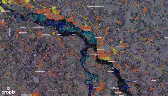 Überflutungen an Aller und Weser in einem Farbkomposit zu drei Zeitpunkten