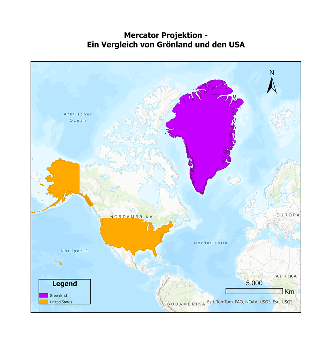 Abbildung 2 In der Mercator Projektion wirkt Grönland größer als die USA. In einer Mercator Projektion werden alle Landmassen größer je weiter diese vom Äquator entfernt sind. Je näher am Äquator, desto korrekter ist die Größe der Fläche.&nbsp;