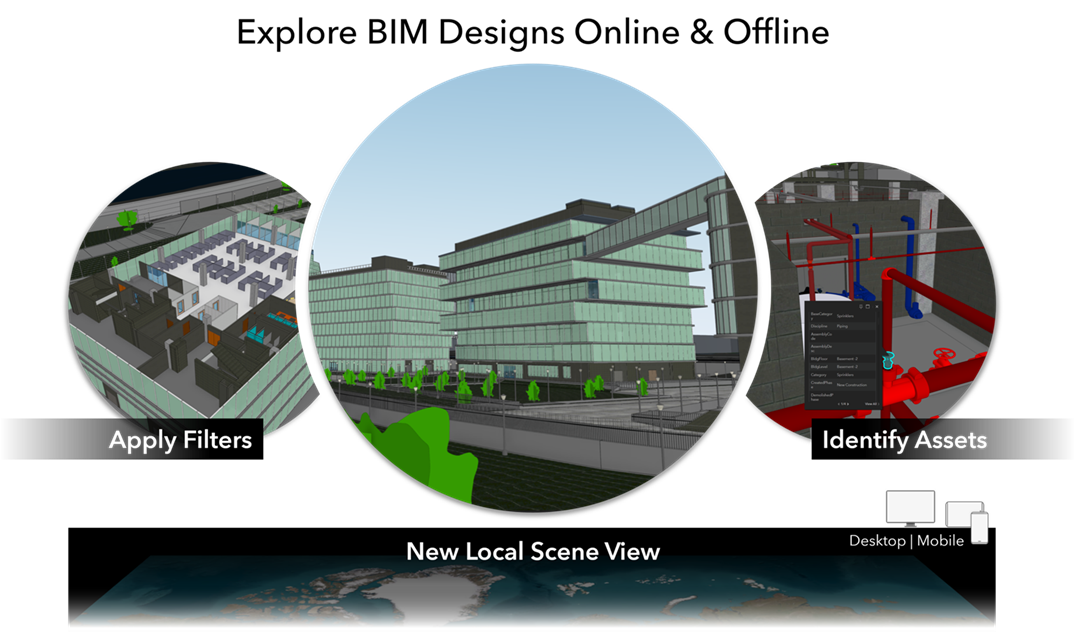 Plattformübergreife Verbesserungn zeigen Bilder für "Apply Filters", "Identify Assets" und den "New Local Scene Viewer"