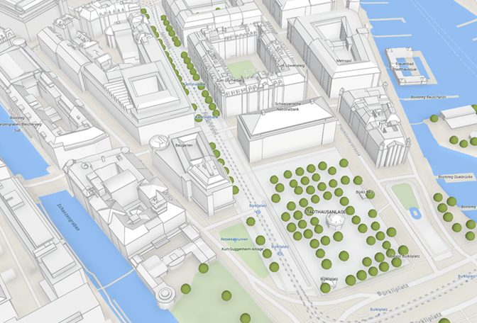 Abbildung 2: Bürkliplatz, Zürich, 3D Basemap mit den swisstopo Gebäuden 