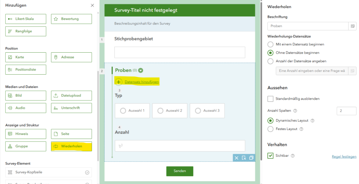 Hinzufügen einer Wiederholungsfrage im Survey123 Webdesigner