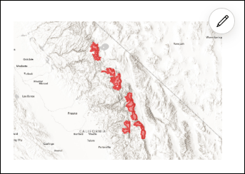 Standardmäßig erstellte Karten-Miniaturansicht einer Karte zum Lebensraum des Sierra-Nevada-Dickhornschafs. Die Karte zeigt rot markierte Habitatflächen entlang eines Gebirgszugs in Kalifornien auf einem hellen Reliefhintergrund.