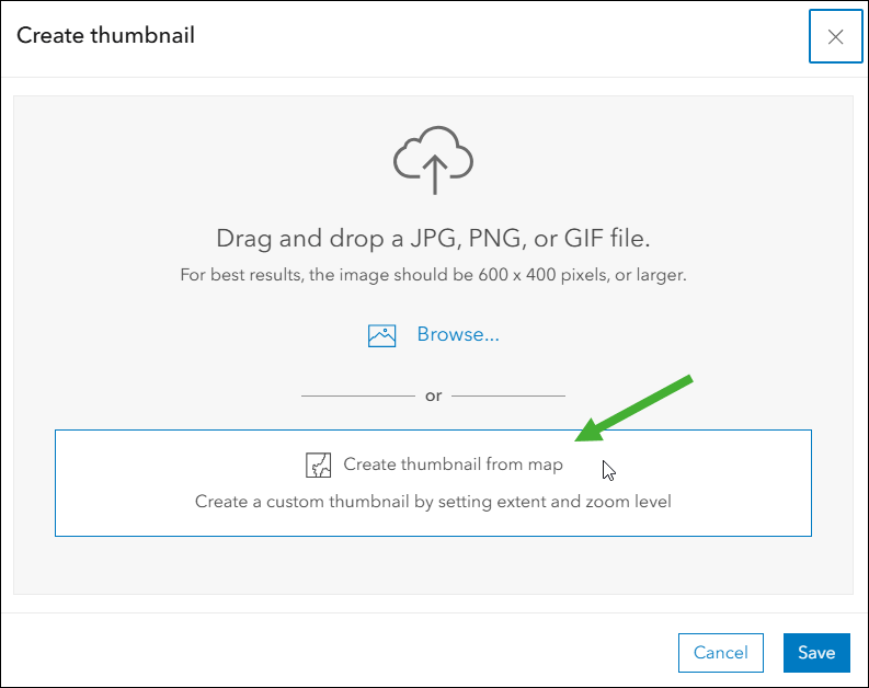 Dialogfenster zur Erstellung einer Karten-Miniaturansicht in ArcGIS Online. Eine grüne Pfeilmarkierung hebt die Option „Miniaturansicht aus Karte erstellen“ hervor, mit der eine Vorschau auf Basis des Kartenausschnitts erstellt werden kann.