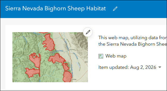 Aktualisierte Karten-Miniaturansicht in ArcGIS Online. Der Kartenausschnitt wurde vergrößert und zeigt die rot markierten Lebensräume des Sierra-Nevada-Dickhornschafs auf einer topografischen Grundkarte deutlich und übersichtlich.