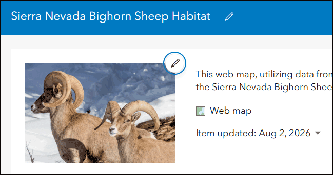 Aktualisierte Karten-Miniaturansicht in ArcGIS Online. Die Vorschau zeigt ein Foto von zwei Sierra-Nevada-Dickhornschafen in einer Gebirgslandschaft und ersetzt die automatisch generierte Kartenansicht.