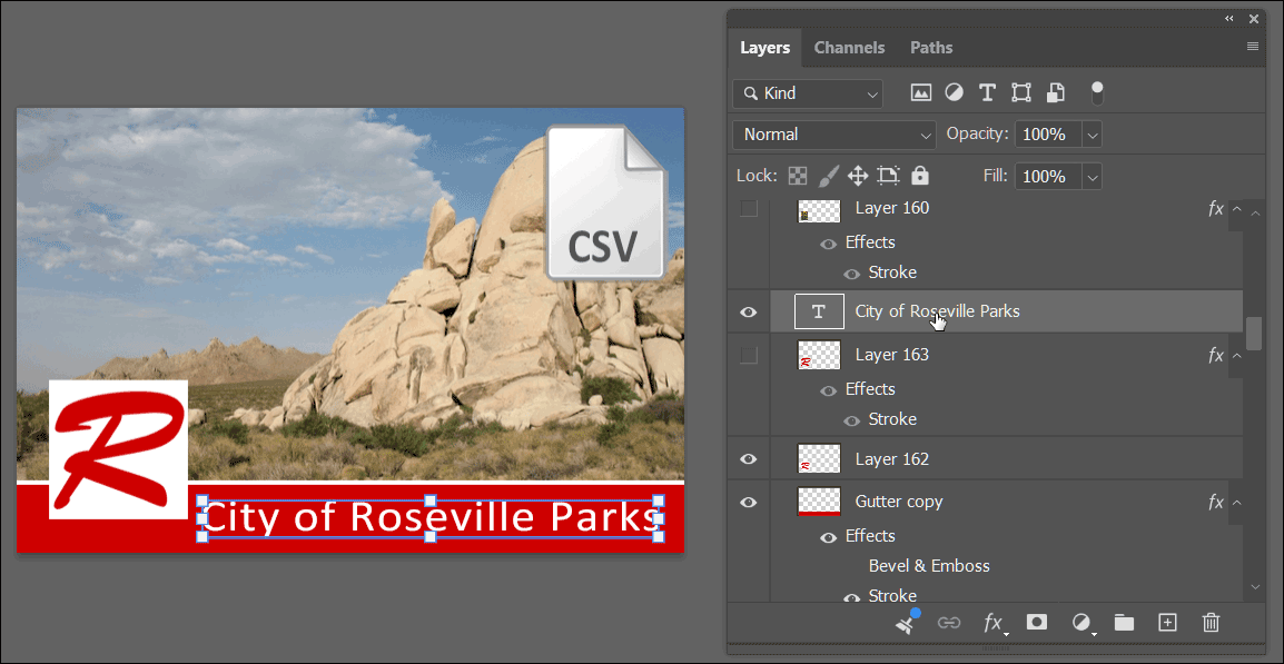 Photoshop-Arbeitsbereich mit einer Vorlage für Karten-Miniaturansichten. Die Vorlage enthält ein Landschaftsfoto als Hintergrund, ein Organisationslogo unten links, einen Organisationsnamen in einem Banner am unteren Rand sowie ein Dateisymbol mit der Beschriftung „CSV“ oben rechts. Im Ebenenbedienfeld werden die einzelnen Gestaltungselemente separat verwaltet.