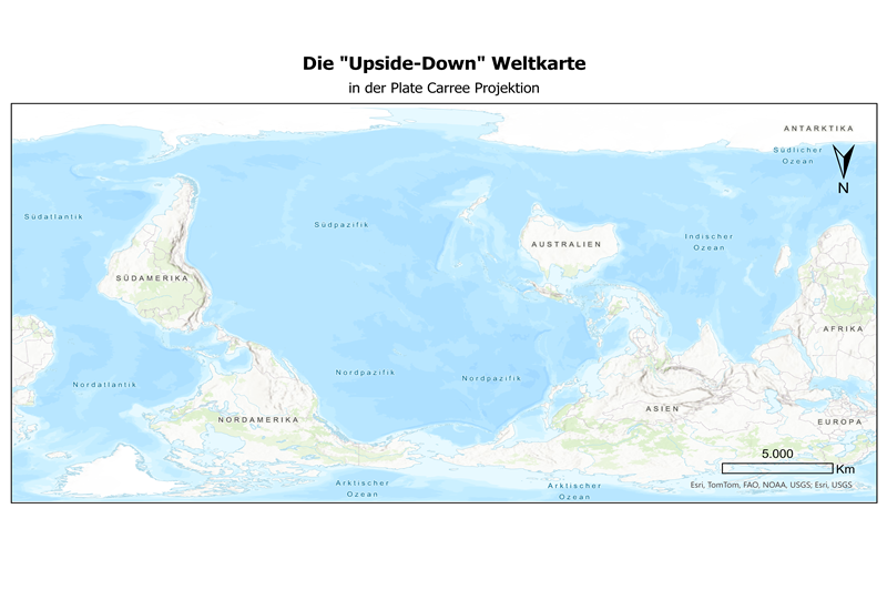 Abbildung 1 In dieser Karte wurde nicht der Nullmeridian als Mittelpunkt genutzt, sondern dieser wurde um 180 Grad verschoben. Des Weiteren wurde die Karte um 180 Grad auf der vertikalen Achse rotiert. Was macht diese Karte mit Ihnen?&nbsp;