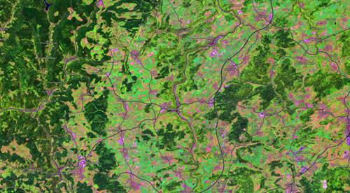 Großflächige Kartenansicht mit farbcodierten Landbedeckungen: grüne Flächen für Vegetation, dunkelgrüne Waldgebiete, rosa und beigefarbene Bereiche für Nutzungstypen sowie violette Linien für Straßen und Wege; Flüsse und Täler verlaufen durch die Landschaft.