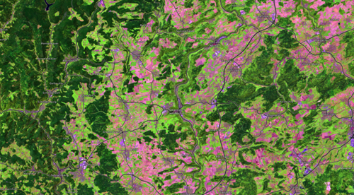 Großräumige Kartenansicht mit farbcodierter Landbedeckung: überwiegend rosa und hellgrüne Flächen für unterschiedliche Landnutzungen, dunkelgrüne Gebiete für Wald und Vegetation sowie violette Linien für Straßen; Flüsse und Landschaftsstrukturen durchziehen das Gebiet.